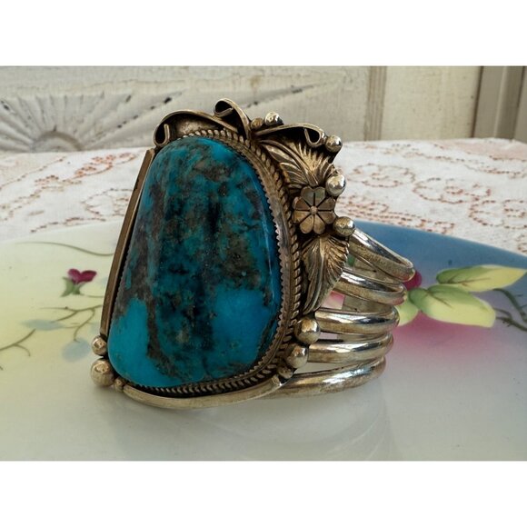 Vintage Ray Nez Heavy Large Blue Turquoise Sterling Cuff Bracelet - Picture 2 of 14